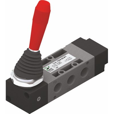 PX ZAWÓR MECHANICZNY TECHNOPOLIMER 1/4 5/3 DŻWIGNIA CZERWONA, 3 POZYCJE STABILNE, CENTRALNIE ODPOWIETRZONY