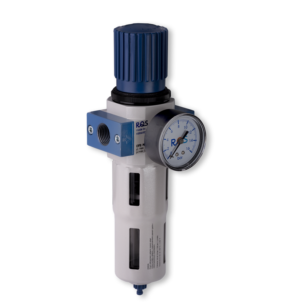FILTRO-REGULATOR ROZMIAR MIDI, GWINT WEWNĘTRZNY 1/2, 0-12 BAR, 5 MIKRONÓW, +MANOMETR, +UCHWYT, NIEBESKI