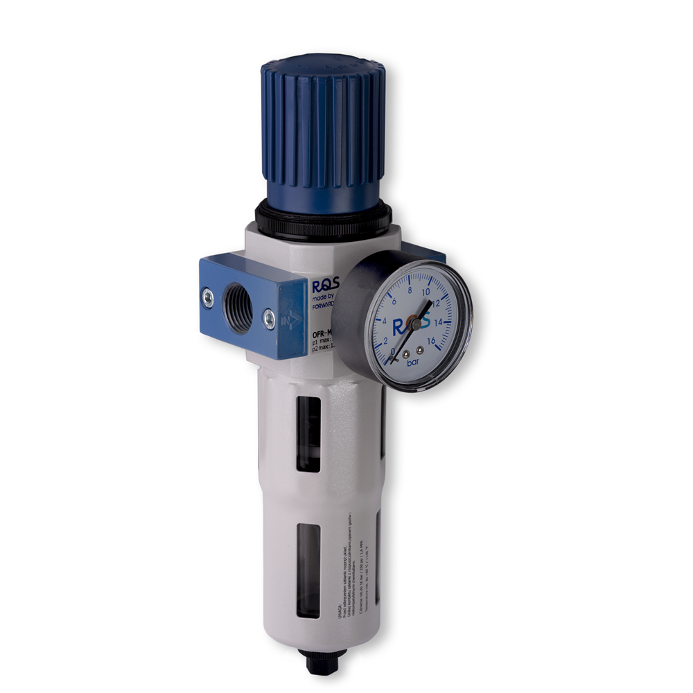 FILTRO-REGULATOR ROZMIAR MIDI, GWINT WEWNĘTRZNY 1/2, 0-12 BAR, 5 MIKRONÓW, +MANOMETR, +UCHWYT, AUTOMATYCZNY SPUST, NIEBESKI