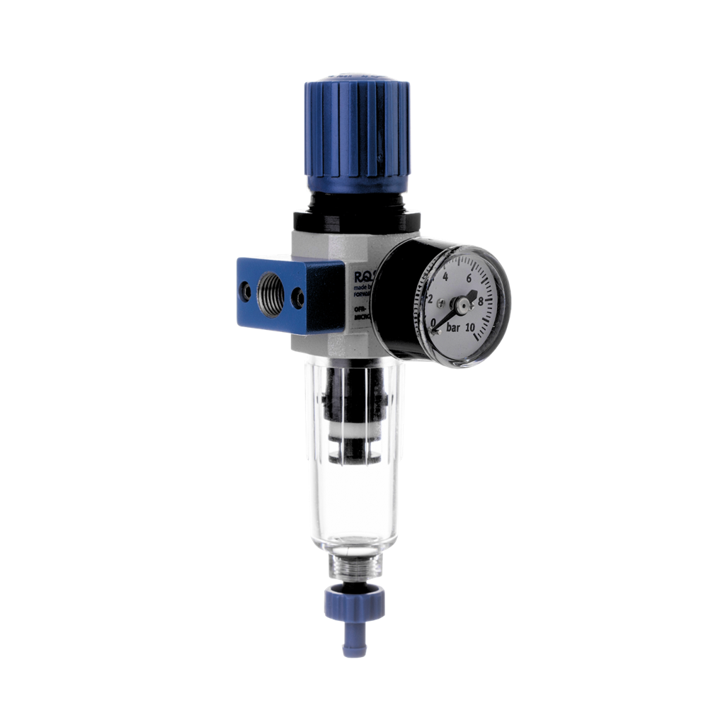 FILTRO-REGULATOR ROZMIAR MIKRO, GWINT WEWNĘTRZNY 1/8, 0-7 BAR, 40 MIKRONÓW, +MANOMETR, +UCHWYT, NIEBESKI