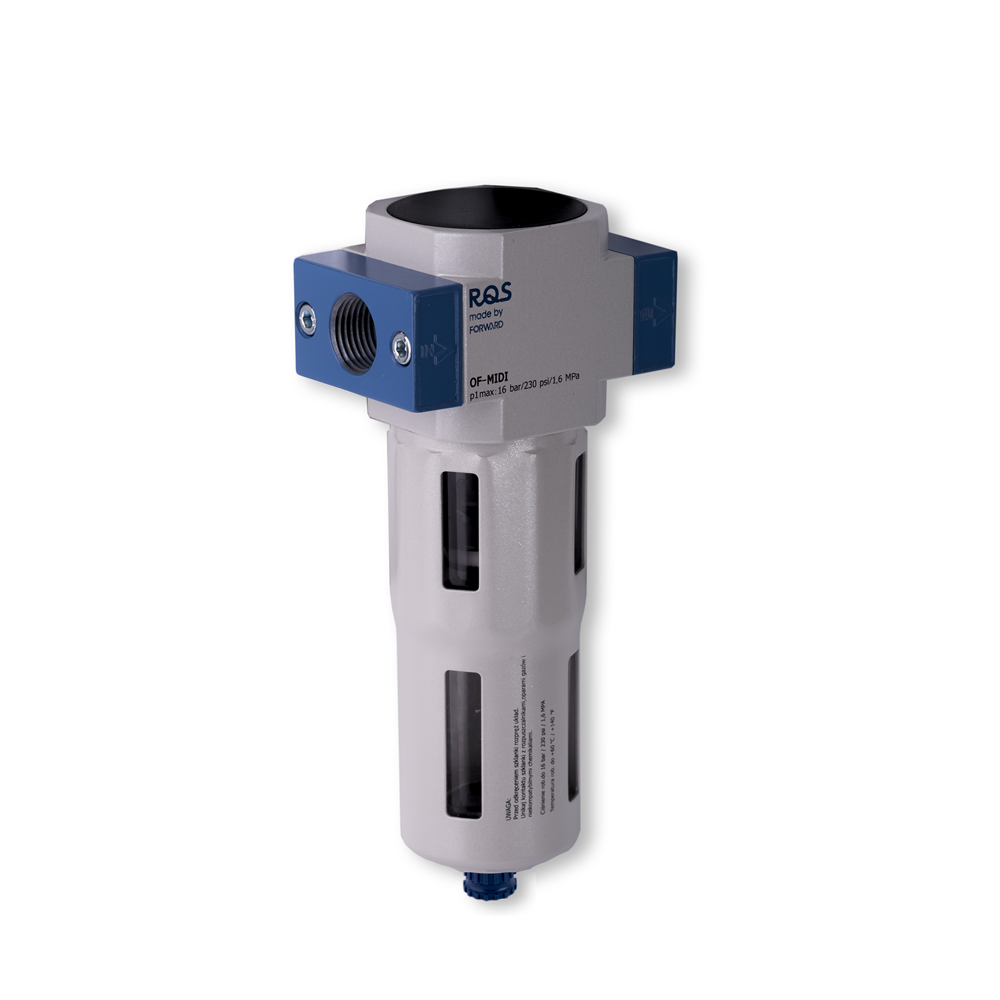 FILTR POWIETRZA ROZMIAR MINI, GWINT WEWNĘTRZNY 1/4, 40 MIKRONÓW, +UCHWYT, PÓŁAUTOMATYCZNY SPUST, SREBRNY