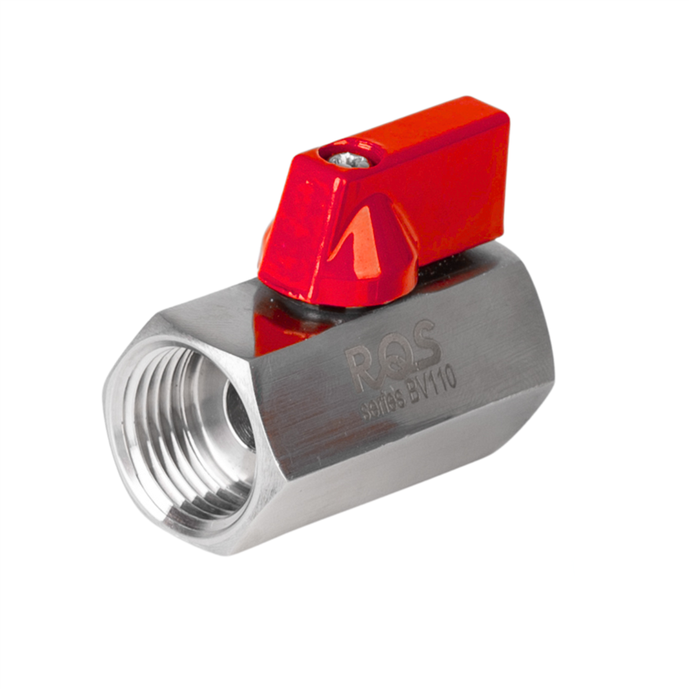 ZAWÓR KULOWY MINI, G 1/4 , GWINTY WEW./WEW., SERIA BV110, PN63, STAL NIERDZEWNA AISI 316, CZERWONY